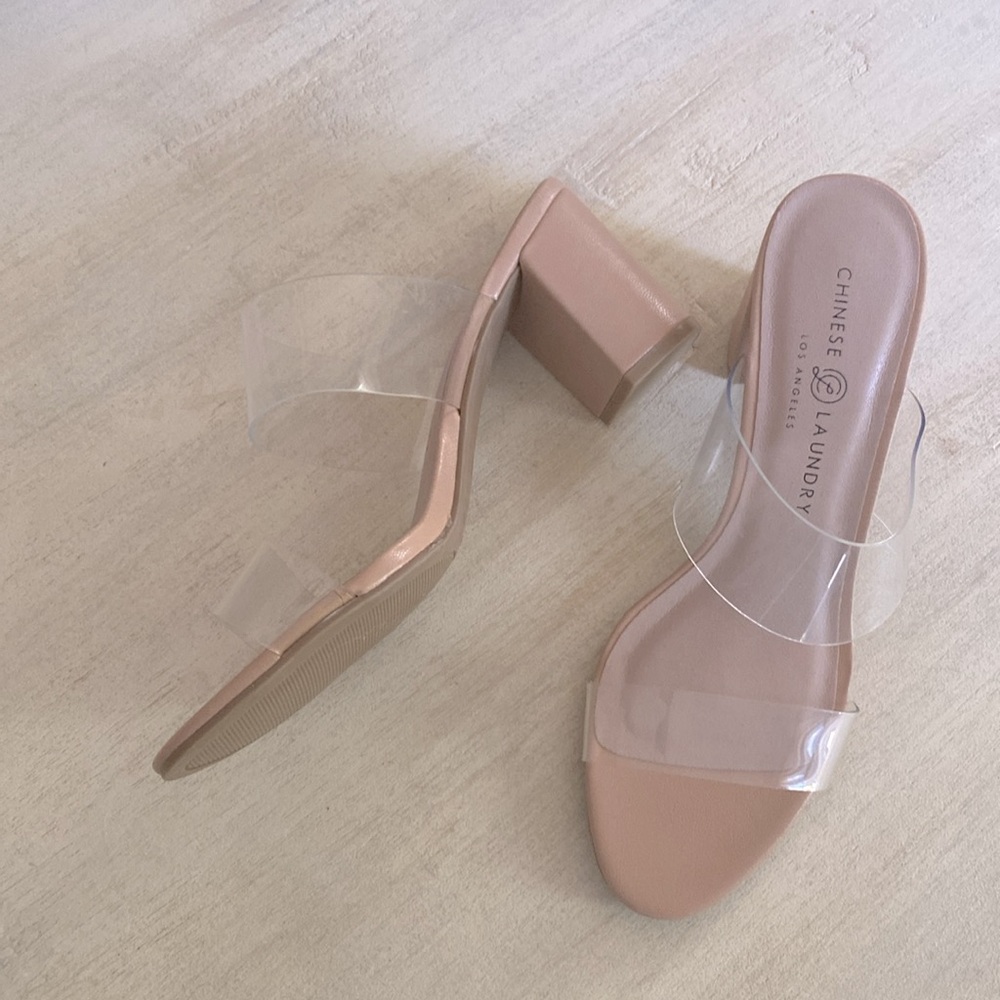 Chinese laundry nude clear strap slip on block heel wedding dress shoes 7.5